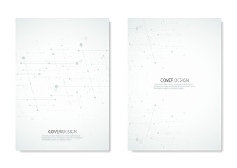Technology and science vector brochure or cover design. Geometric abstract background with connected lines and dots.