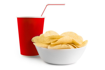 Potato chips and drink, isolated on white background
