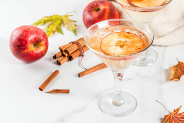 Fall and winter drinks, Apple cider martini margarita with cinnamon and apple garnish, on white...