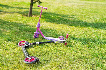 Two pink scooters for girl on green grass..