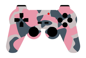 Video game controller with pink military colors isolated. Gamepad with red light, buttons and joysticks. Icon or logo with gaming concept. Gamer.