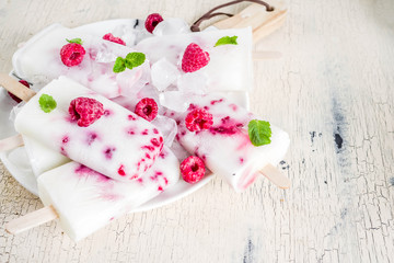 Fototapeta na wymiar Summer sweet desserts, homemade organic ice cream popsicles from raspberry and yogurt, light beige background copy space