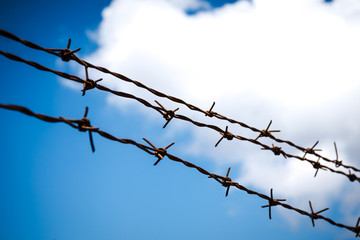 Barbed wire against blue sky, selective focus.