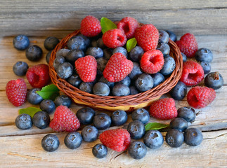 Freshly picked organic raspberries and blueberries in a basket on old wooden background.Blueberry and raspberry.
Healthy eating,summer fruits or diet concept.Selective focus.