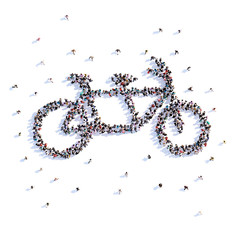 A lot of people form bicycle for two, love, icon . 3d rendering.