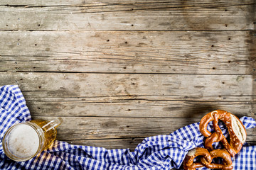Oktoberfest food menu, bavarian sausages with pretzels, mashed potato, sauerkraut, beer bottle and...