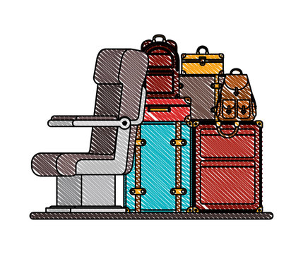 airplane chair with pile suitcases vector illustration design