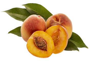 fresh peaches with leaves isolated on white background