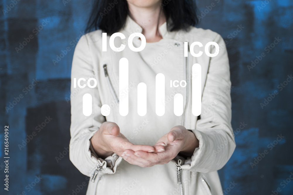 Poster businessman presses button ico initial coin offering chart diagram on virtual interface web.