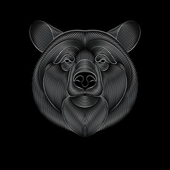 Engraving of stylized silver bear on black background