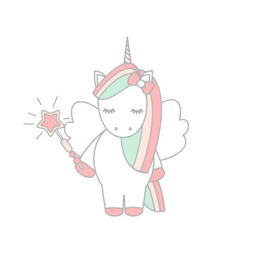 cute lovely cartoon unicorn vector illustration with magic wand