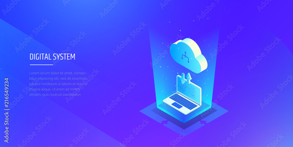 Poster digital technologies. exchange of information between the computer and the cloud. a laptop in blue g