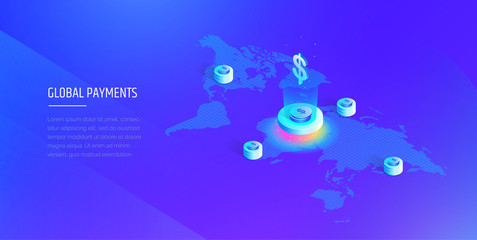 Global payment system. Isometric map of the world with the global financial system. Money transfer all over the world. Modern vector illustration isometric style.