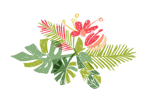 Tropical colorful flower leaf bouquet, vector illustration isolated on white background. Floral doodle style, tropic jungle paradise, hello summer