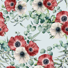 Watercolor seamless pattern with eucalyptus leaves and anemone. Hand painted red and white anemones, green brunch on blue pastel background. Floral botanical illustration for design or background.