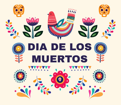 Beautiful vector illustration with design  for Dia De Los Muertos. Vector template with traditional Mexican symbols skull, Mexican ornaments.