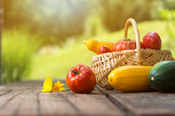 Vegetable harvest. Organic vegetables on wooden background. Copy space