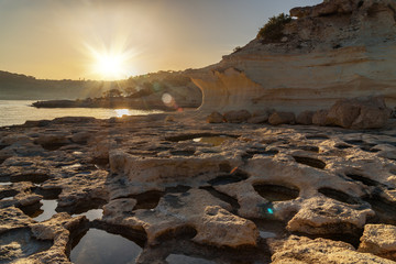 Coastline of Mediterranean Sea around Akyar region at sunset. Mersin. Turkey