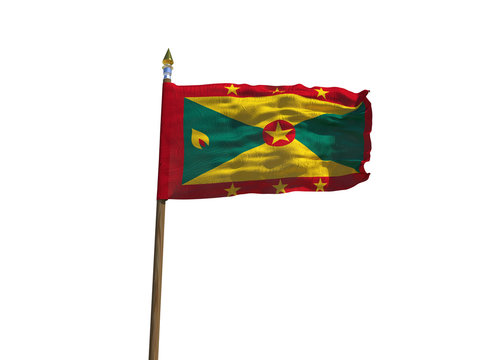 Grenada flag Isolated Silk waving flag of Grenada island made transparent fabric with wooden flagpole golden spear on white background isolate real photo Flags of world countries 3d illustration