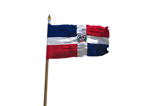 Dominicana flag Isolated Silk waving flag of Dominican Republic made transparent fabric with wooden flagpole golden spear on white background isolate real photo Flags world countries 3d illustration
