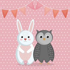 cute rabbit and owl animal character