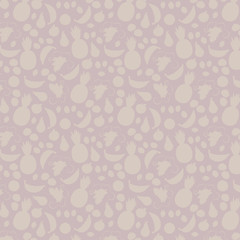 Vector seamless pattern of fruit berries food gray small objects outlines on a gray purple dark background.