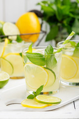 Lemonade. Drink with fresh lemon and lime. Cocktail with juice and ice.