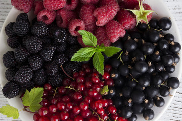 Red and black currants and raspberries and mint, useful ripe berries on a plate, wooden white background