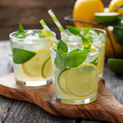 Lemonade. Drink with fresh lemon and lime. Cocktail with juice and ice.