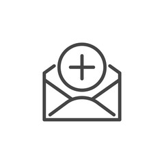 Email envelope with plus sign. Linear icon of receive message concept. Add news or post. Graphic pictograph for ui, sites interface, mobile applications, messengers, social networks. Vector isolated