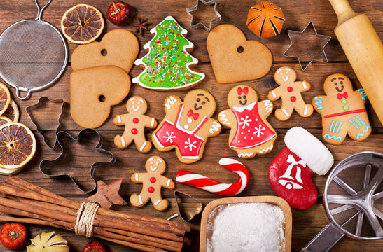 Christmas food. Homemade gingerbread cookies with ingredients for christmas baking