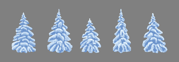 Set - Fir Trees with White and Blue Snow . Winter Holiday Christmas Decoration Isolated . Snow-covered pines. Firs in the snow. Winter.