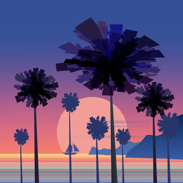 Tropical sunrise at seashore, sea landscape with palms, sailing boat minimalistic illustration. Seascape sunrise or sunset. Ocean scene with rising sun, palms, sailboat, mountains and sky. Rocky coast