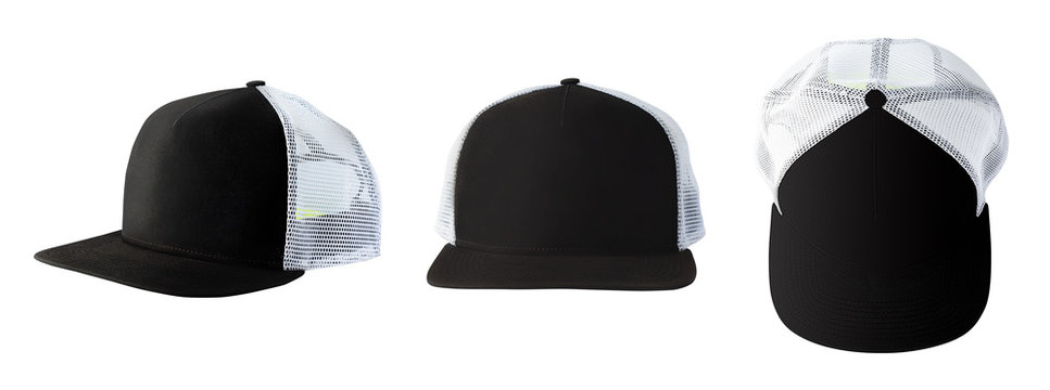 Front, side and top views of black baseball cap or trucker hat isolated on white background