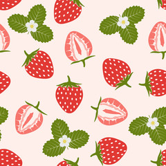 Seamless pattern with berries and strawberry flowers