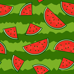 Seamless pattern of sliced pieces of watermelon on a striped background