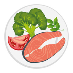 dish with fresh salmon steak and vegetables