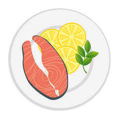 dish with fresh salmon steak and vegetables