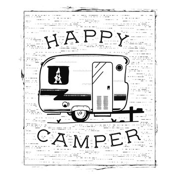 Mobile recreation. Happy Camper trailer in sketch silhouette style. Vintage hand drawn camp rv. House on wheels. Travel Transport emblem. Stock vector isolated on white background