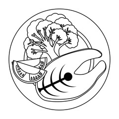 dish with fresh salmon steak and vegetables