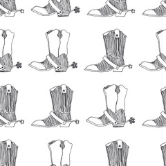 Vector seamless pattern with wild west symbol. Cowboy boots with spurs sketch. Hand drawn texture with old american shoes isolated on white - obrazy, fototapety, plakaty