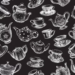 Foto auf gebürstetem Alu-Dibond Tee Nahtloser Hintergrund von gezeichneten Teekannen und Tassen