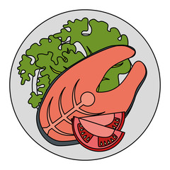 dish with fresh salmon steak and vegetables