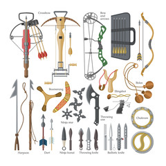 Obraz premium Throwing weapon vector sharp arrows of crossbow and knife or axe illustration weaponry set of ninja-kunai or shuriken and harpoon of handle armour equipment isolated on white background