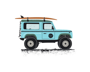 Vintage hand drawn surf car. Retro transportation with surfboard. Old style sufing automobile. Perfect for T-Shirt, travel mugs and otjer outdoor adventure apparel, clothing prints. Stock vector - obrazy, fototapety, plakaty