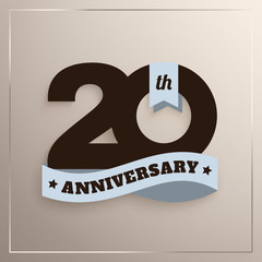 Twenty years anniversary logo with blue ribbon, 20th years celebration isolated on beige background. Vector.