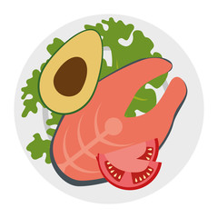 dish with fresh salmon steak and vegetables