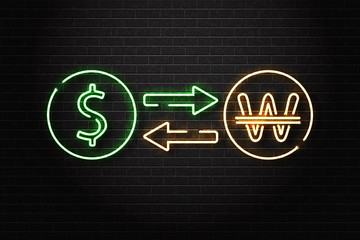 Vector realistic isolated neon sign of dollar and South Korea won currency exchange for decoration and covering on the wall background. Concept of business market and exchange money.