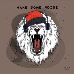 A hipster lion in headphones and  in cap on a background of blots. Vector illustration