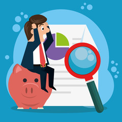 businessman character with economy icons